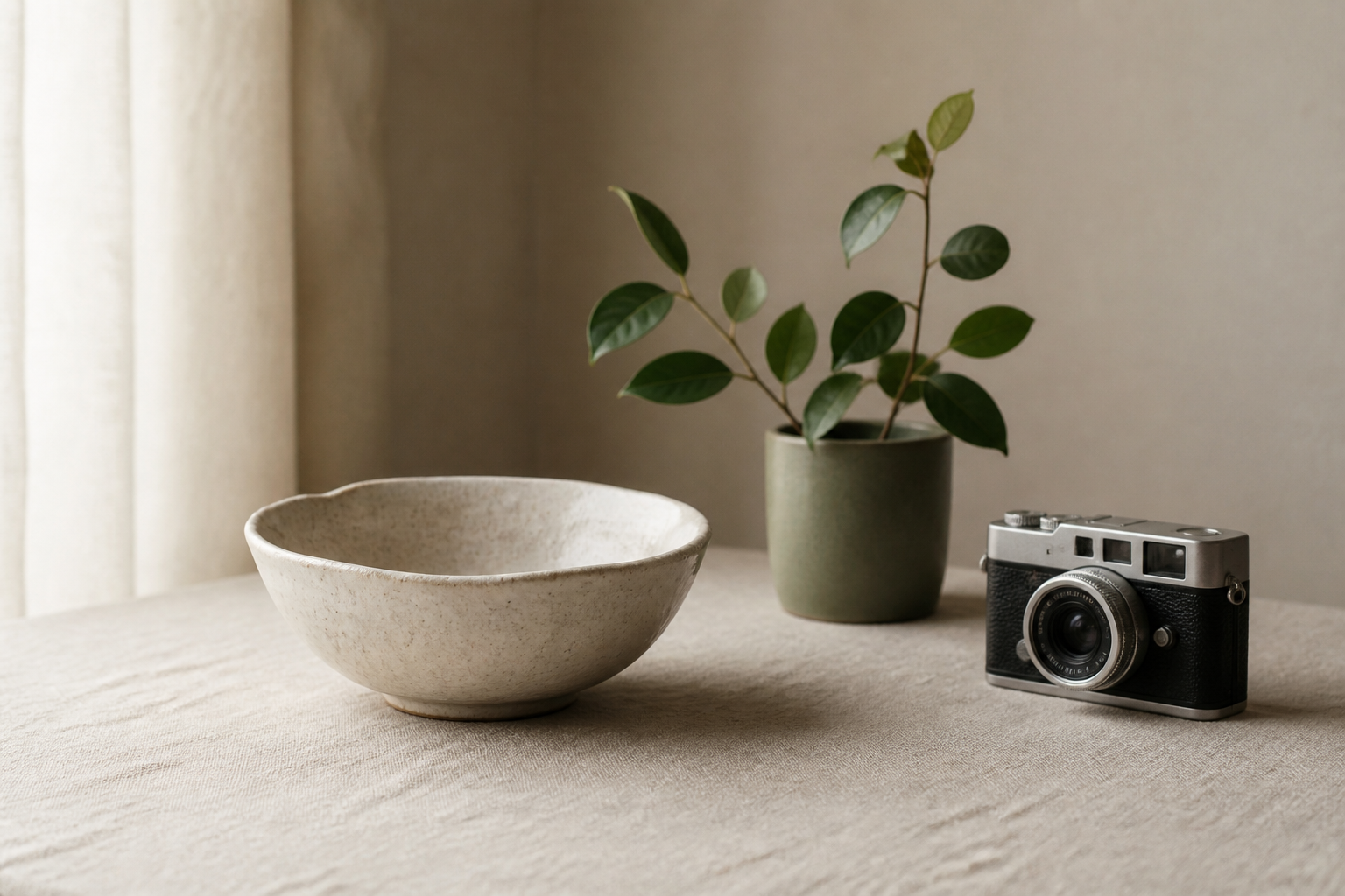 Vintage camera on a warm neutral tabletop